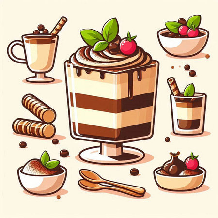 Set of different types of coffee and chocolate desserts. Vector illustration.のイラスト素材