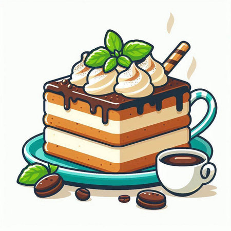 Piece of cake with whipped cream, coffee and mint. Vector illustration.のイラスト素材