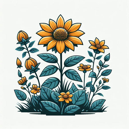 Flowering sunflower with leaves. Hand drawn vector illustration.のイラスト素材