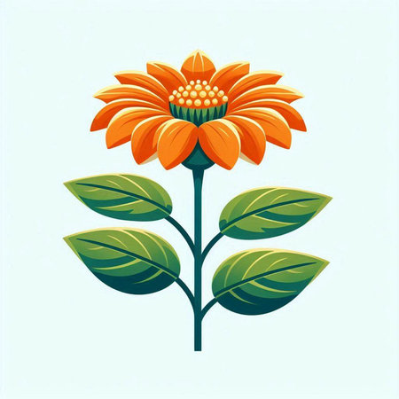 Orange flower with green leaves isolated on blue background. Vector illustration.のイラスト素材