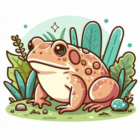 Cute cartoon frog sitting on the grass and looking at the cameraのイラスト素材