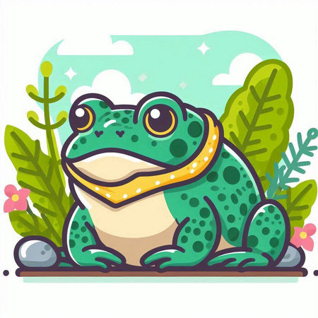 Frog in the garden. Cute cartoon frog. Vector illustration.のイラスト素材