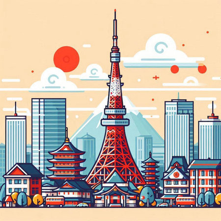 Vector illustration of Tokyo cityscape in flat style with famous landmarks.のイラスト素材