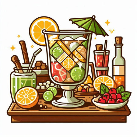 Cocktail glass with lemon, lime, orange, cranberry, ice and straws. Vector illustration.のイラスト素材