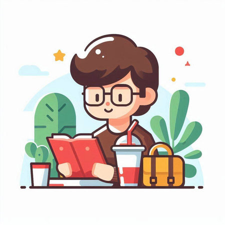 Boy with glasses reading a book and drinking coffee. Vector flat illustrationのイラスト素材