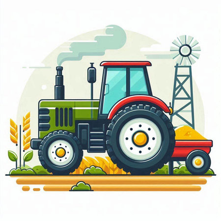 Agricultural tractor on the road. Vector illustration in flat styleのイラスト素材