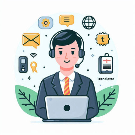 Customer support operator with headset and laptop. Flat design vector illustration.のイラスト素材