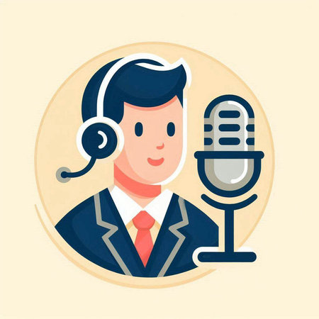 Businessman with microphone and headphones. Vector illustration in flat style.のイラスト素材