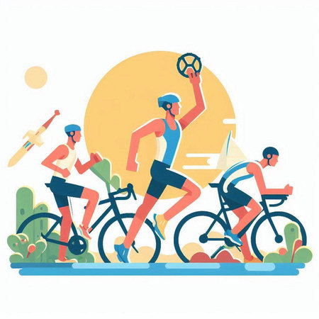 Cyclists in the park. Vector illustration in flat style.のイラスト素材