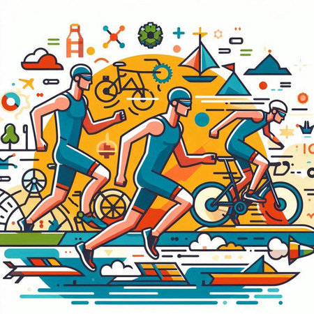 Vector illustration of triathlon, cycling race. Line art design for web, site, advertising, banner, poster, board and print.のイラスト素材