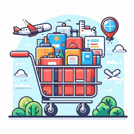 Vector illustration of a shopping cart with luggage and flight related items.のイラスト素材