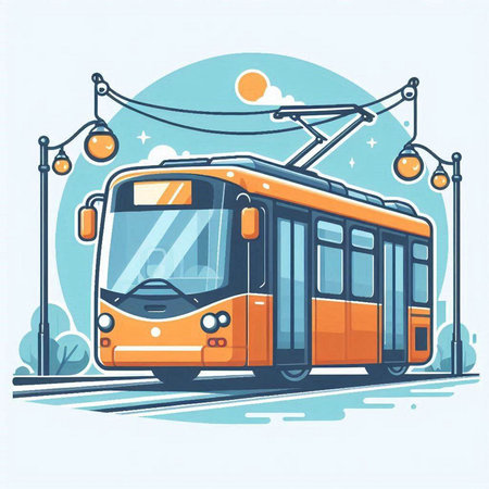 Orange tram on the city street. Vector illustration in flat style.のイラスト素材
