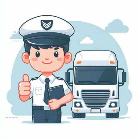 Policeman in uniform with delivery truck. Vector illustration in cartoon style.のイラスト素材