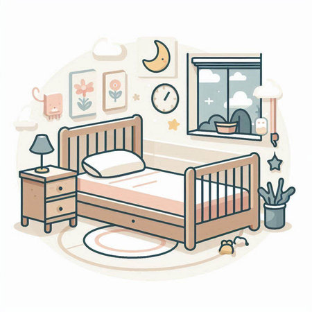 Vector illustration of a cozy bedroom with a bed and a nightstandのイラスト素材