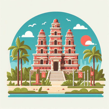 Hindu temple on the island in flat style. Vector illustration.のイラスト素材