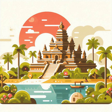 Buddhist temple in flat style. Vector illustration. Travel to Thailand.のイラスト素材