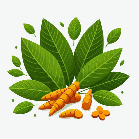 Fresh turmeric with leaves isolated on white background. Vector illustration.のイラスト素材