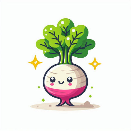 Cute white radish cartoon character. Vegetable vector illustration.のイラスト素材