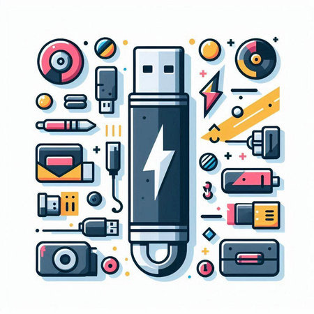 Modern flat line design vector illustration concept of USB flash drive and electronic devices.のイラスト素材