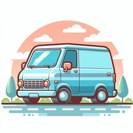 Cargo van on the road. Vector illustration in flat style.のイラスト素材