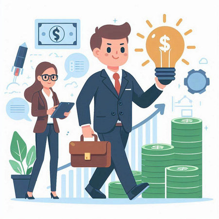 Businessman and businesswoman with briefcase and lightbulb. Successful teamwork. Vector illustrationのイラスト素材