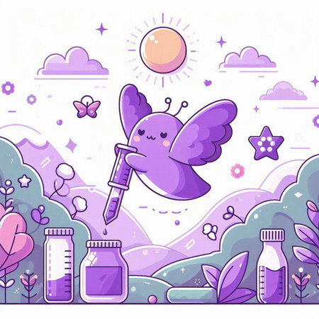 Vector illustration of cute cartoon butterfly with syringe and bottle of pills on nature background.のイラスト素材