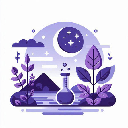 Cosmos, plants and moon. Vector illustration in flat style.のイラスト素材