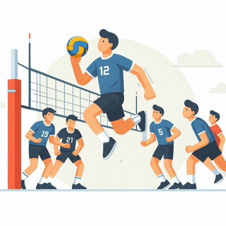 Volleyball players. Volleyball players in action. Flat vector illustrationのイラスト素材