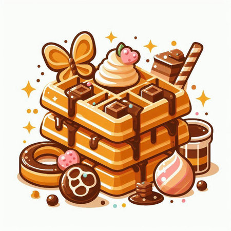 Vector illustration of chocolate waffles with cream and chocolate candies.のイラスト素材