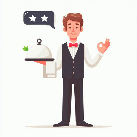 Waiter with a tray of food. Vector illustration in cartoon styleのイラスト素材