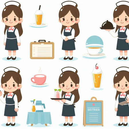 A set of maid woman related to food.It's vector art so it's easy to edit.のイラスト素材