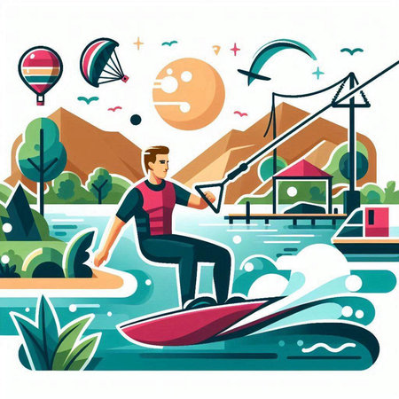 Vector illustration of a man on a wakeboard in the park.のイラスト素材