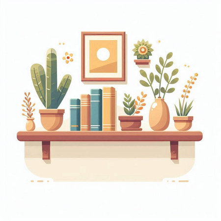 Wooden shelf with books and plants. Vector illustration in flat styleのイラスト素材