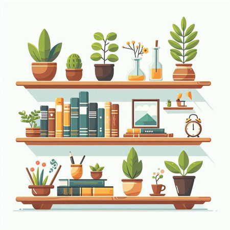 Flat design vector illustration of bookshelves with books, plants, flowers and decorations.のイラスト素材