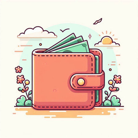 Vector illustration of a wallet with money on the background of nature.のイラスト素材