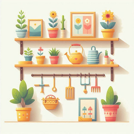 Wooden shelves with different house plants and gardening tools. Vector illustration.のイラスト素材