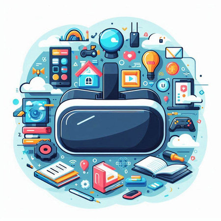 Virtual reality concept. Vector illustration in cartoon style. Virtual reality glasses with icons.のイラスト素材