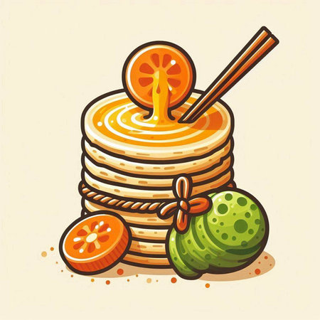 Illustration of a stack of pancakes with honey and an orange.のイラスト素材