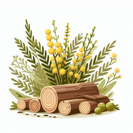 Bouquet of mimosa flowers and wood log. Vector illustration.のイラスト素材