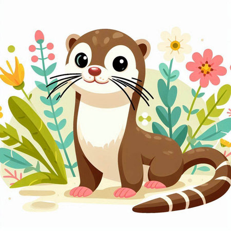 Cute otter sitting on the ground surrounded by flowers. Vector illustration.のイラスト素材