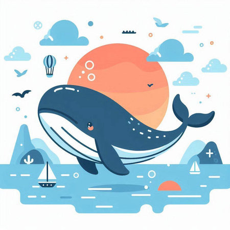 Cute cartoon whale on the sea. Vector illustration in flat styleのイラスト素材