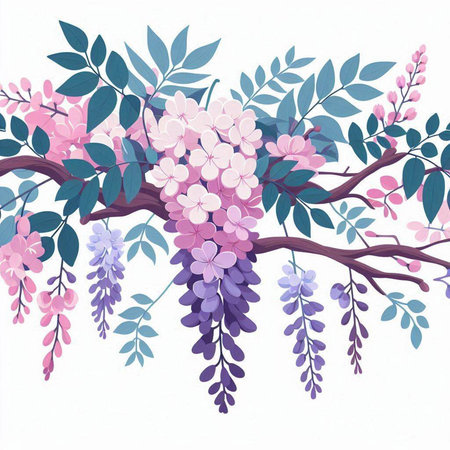 Pink and purple wisteria flowers on white background. Vector illustration.のイラスト素材