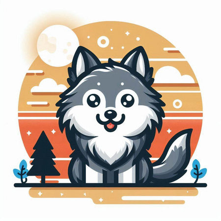 Cute cartoon husky dog in the forest. Vector illustration.のイラスト素材