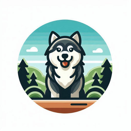 Husky dog in the forest. Vector illustration in flat style.のイラスト素材