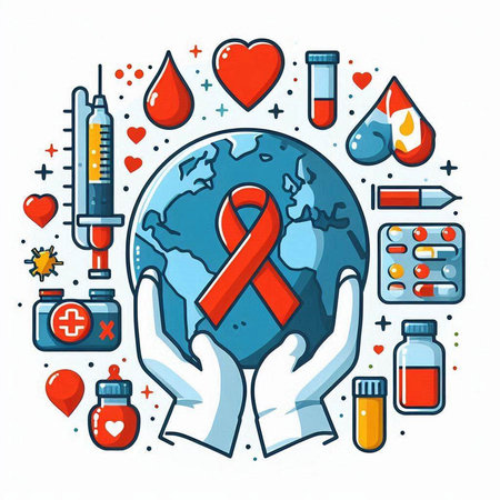 Vector illustration of World Aids Day. Red ribbon and hand with medicine.のイラスト素材