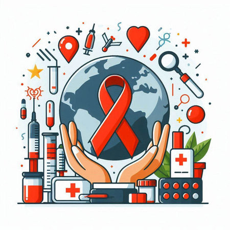 Vector illustration of World Aids Day. Red ribbon in the hands of a doctor and various medical items around.のイラスト素材