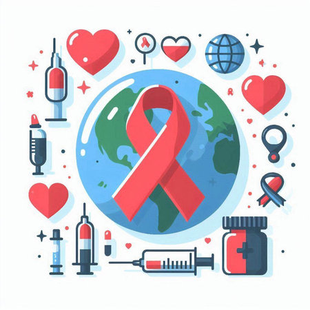 Vector illustration of World Aids Day concept with red ribbon and icons.のイラスト素材