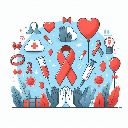 Vector illustration of World Aids Day. Red ribbon with icons on white background.のイラスト素材