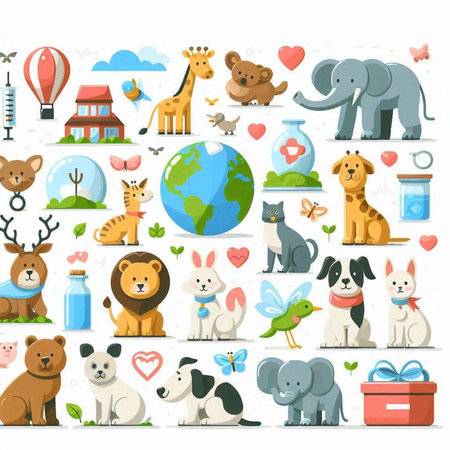 Animals and nature flat icons set. Cartoon illustration of animals and nature vector icons for web designのイラスト素材