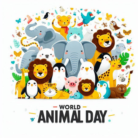 World Animal Day banner design with cute cartoon animals. Vector illustration.のイラスト素材
